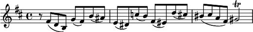 
{
    \relative c' {
        \set Score.tempoHideNote = ##t \tempo 4 = 96
        \time 4/4 \key b \minor
        r8 fis( d b) g'( fis) b( ais)
        e( dis) c'( b) fis( eis) d'( cis!) bis(
        cis( a fis) gis2\trill
    }
}
