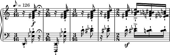  { \new PianoStaff << \new Staff \relative c'' { \set Staff.midiInstrument = #"violin" \clef treble \tempo 8 = 126 \time 3/16 r16 <d c a fis d>\f-! r16\fermata | \time 2/16 r <d c a fis d>-! \time 3/16 r <d c a fis d>8-! | r16 <d c a fis d>8-! | \time 2/8 <d c a fis>16-! <e c bes g>->-![ <cis b aes f>-! <c a fis ees>-!] } \new Staff \relative c { \set Staff.midiInstrument = #"violin" \clef bass \time 3/16 d,16-! <bes'' ees,>-! r\fermata | \time 2/16 <d,, d,>-! <bes'' ees,>-! | \time 3/16 d16-! <ees cis>8-! | r16 <ees cis>8-! | \time 2/8 d16\sf-! <ees cis>-!->[ <d c>-! <d c>-!] } >> } 