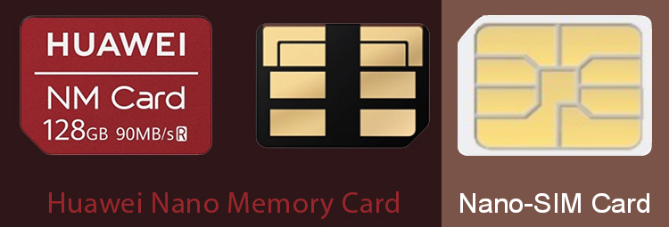 NM card (A proprietary memory card format created by Huawei) Electronic contacts compared to nano-sim card to the same scale.