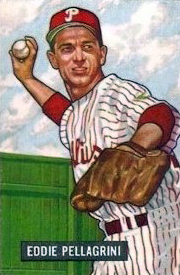 A baseball card image of a man wearing a white baseball uniform with red pinstripes and a red baseball cap