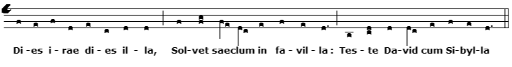 The "Dies iræ" melody in four-line neumatic chant notation.