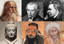 Dari kiri, atas ke bawah: Plato, Kant, Nietzsche, Buddha, Kongzi, Ibnu Rusyd