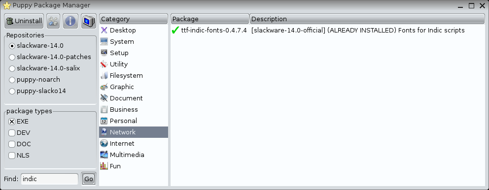 Puppy Package Manager showing indic fonts package from Slackware 14.0 is already installed on Slacko Puppy Linux