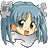 Head of cute girl, manga-style, with blue hair, big eyes and smile, and gray puzzle pieces below and around her hair
