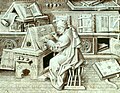 Image 64An author portrait of Jean Miélot writing his compilation of the Miracles of Our Lady, one of his many popular works. (from History of books)