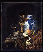 Still Life with a Chinese Porcelain Jar, by Dutch Golden Age painter Willem Kalf (c. 1660s). 17th-century Chinese export porcelain wares (imported by the VOC) are often depicted in many Dutch Golden Age genre and still-life paintings.