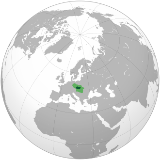 Orthographic map showing the greatest territorial extent of Great Moravia. The areas in light green were territories claimed but likely not entirely controlled by Great Moravia.