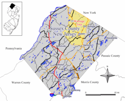 Location of Wantage Township in Sussex County highlighted in yellow (right). Inset map: Location of Sussex County in New Jersey highlighted in black (left).