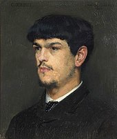 head and shoulder, semi-profile of young man with dark hair, combed forward into a fringe; he has a small beard
