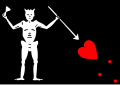 Pirátská vlajka často nazývaná Jolly Roger. Její užití je povětšinou připisováno Černovousovi.