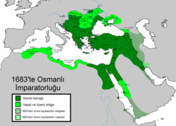 Osmanlı İmparatorluğu, 1683'te II. Viyana Kuşatması sırasında, en geniş sınırlarında.