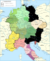 I territori del Sacro Romano Impero nel 972, sotto Ottone I, e nel 1032, sotto Corrado II. In sfumature di rosa, le ripartizioni interne al Regno imperiale d'Italia, che nel 1014 fu unificato direttamente all'Impero
