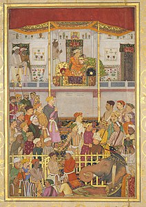 لوحة تعود لنحو عام 1635 تصوّر نور الدين جهانكير خلال استقباله لشهاب الدين شاهجهان في أجمير بعد عودته من حملة ميوار