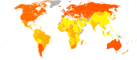 （左圖）有不同顏色的世界地圖，上面的顏色表示1961年各國人民的食物熱量攝取量，其中北美、歐洲及澳洲的攝取量較高，而非洲及亞洲的較低