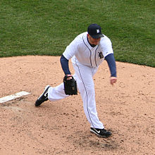 Bobby Seay on the pitchers' mound, in his follow through motion after throwing a pitch for the Detroit Tigers.