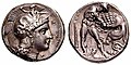 Silver coin from Heraclea (390-340 BC). Obv. Head of Athena with inscription ΗΡΑΚΛΗΙΩΝ, i.e. "of Heracleans". Rev. Herakles wrestling with the Nemean lion.