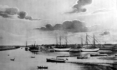 Målning av skeppsvarven på Teg, Umeå, före branden 1888.