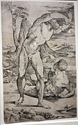 Dos desnudos masculinos en un paisaje, grabado de Domenico Beccafumi, ca. 1537.