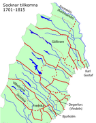 Socknar tillkomna 1701–1815. Fram till 1809 sträckte sig socknarna i nordost in i nuvarande Finland (vilket inte framgår av kartan).