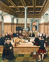 Protestant version by Lucas Cranach the Younger, 1565, with leading Reformers portrayed as the Apostles, and the Elector of Saxony kneeling