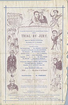 A page of the theatre programme showing, in a box at the centre, the cast and credits of Trial by Jury. It is bordered with illustrations of the action, with, at the top, Angelina embracing the Judge with a manipulative expression, while he appears to be in a quandary.