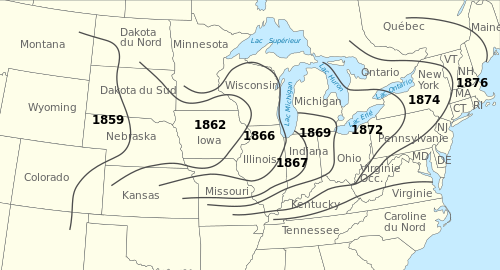 Expansion of the Colorado potato beetle's range in North America, 1859–1876