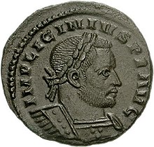 Brown coin depicting man with diadem facing right