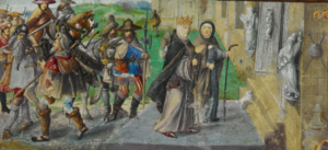 A chegada da Raíña Santa Isabel como peregrina á catedral compostelá en 1325.