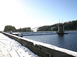 A dam head in winter time, with trees beyond