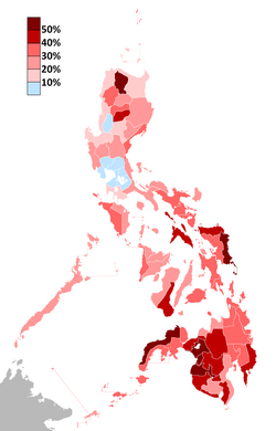 Ang mga probinsya ay binigyan ng iba't ibang kulay ukol sa dami ng kahirapan sa mga ito.