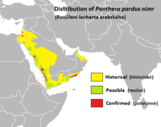Žlutě historické rozšíření levharta arabského, červeně současné potvrzené a zeleně současné možné.