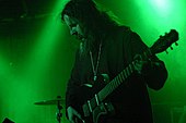 A bearded man playing guitar on stage; the picture is tinted green