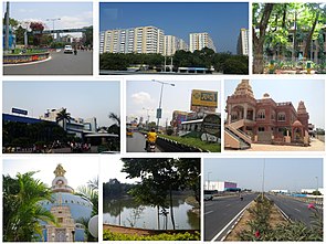 Clockwise from Top Left: Guntur Municipal Corporation, Major residential buildings, Guntur Medical College, ISKON Temple, Chuttugunta center, A park with pond in Gujjanagundla, Viswa Mandir, Railway Station, One-town center.