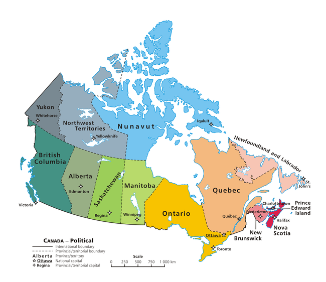 Zemljevid Kanade, na katerem je mogoče s klikanjem izbirati deset provinc in tri ozemlja, z njihovimi glavnimi mesti.