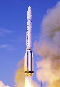 A Proton rocket launching of the Zvezda module of the International Space Station, in July 2000.