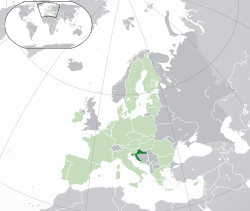 Местоположбата на  Хрватска  (темнозелена) – на Европскиот континент  (зелена и темносива) – во Европската Унија  (зелена)  —  [Легенда]