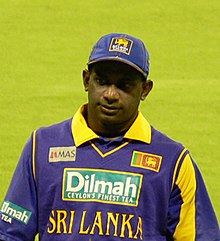 Portrait of dark skinned man, wearing blue and yellow Sri Lanka cricket team kit with cap. Cricket field in the background.