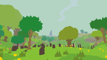Pixelated trees grow across green hills, with gravestones in the foreground. A dark tower is visible in the distance.