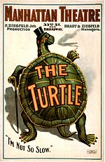 Painting of a turtle standing on hind legs, with top hat and cane, on theatre poster