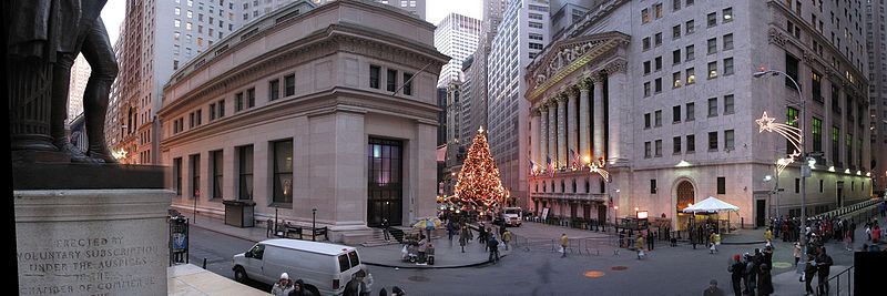 Panoramic photograph showing the George Washington statue outside Federal Hall, 23 Wall Street and the New York Stock Exchange Building.