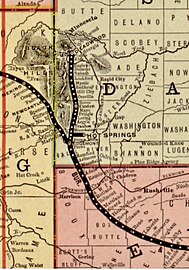 Excerpt of Burlington Route map produced 1892, showing site of Wounded Knee and Deadwood Central Railroad into the Black Hills