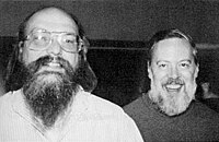 Turing Award laureate Ken Thompson (left), BS 1965, MS 1966, and fellow laureate and colleague Dennis Ritchie (right), created Unix together