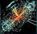 Image 24One possible signature of a Higgs boson from a simulated proton–proton collision. It decays almost immediately into two jets of hadrons and two electrons, visible as lines. (from History of physics)