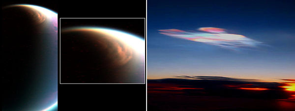 السُحب القُطبية المُكوَّنَة من الميثان على تيتان (يسارًا) مقارنةً مع السُحب القُطبية على الأرض (يمينًا)، والتي هي مُكوَّنَة من الماء والجليد.