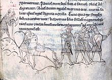 Scene from the battle of Lincoln. Left to right: Man with axe, soldier with shield accompanied by a horse, and four identically dressed knights with shields.