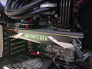 A GeForce GTX 1080 Founders Edition in a computer