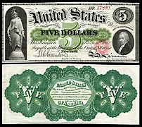 Obverse and reverse of a five-dollar greenback