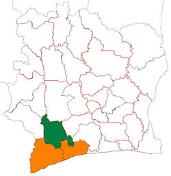 Location of Nawa Region (green) in Ivory Coast and in Bas-Sassandra District