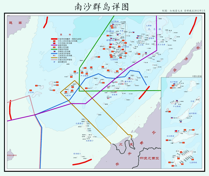南沙群島2012年形勢圖（標出主權聲索線、駐軍之島礁及固定翼機場）
