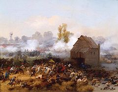 A wooden house, or possibly a mill, is surrounded by battle. The smoke and haze of battle obscures much of the background, but formations of red-coated soldiers are visible through it. Small figures, some clearly uniformed, others not obviously so, fight in the foreground.